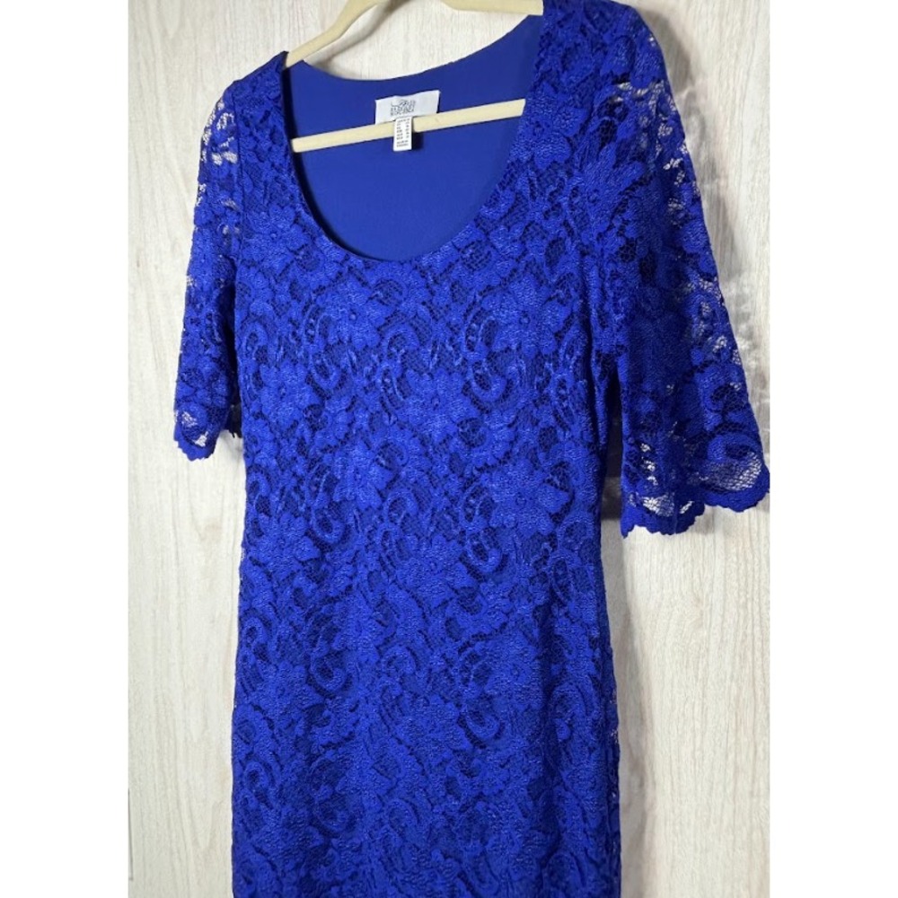 Belle Badgley Mischka Katia Dress Womens 12 Blue Lace Sheath Cocktail Party - Picture 3 of 11